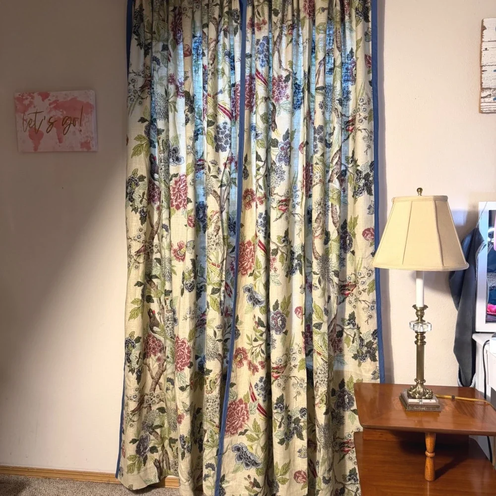 Vtg Cottagecore Floral Bird Curtains Pair Linen Blend Look Blue Trim 83